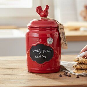 NWT Red Ceramic Rooster Canister with Chalkboard Label – Farmhouse Decor